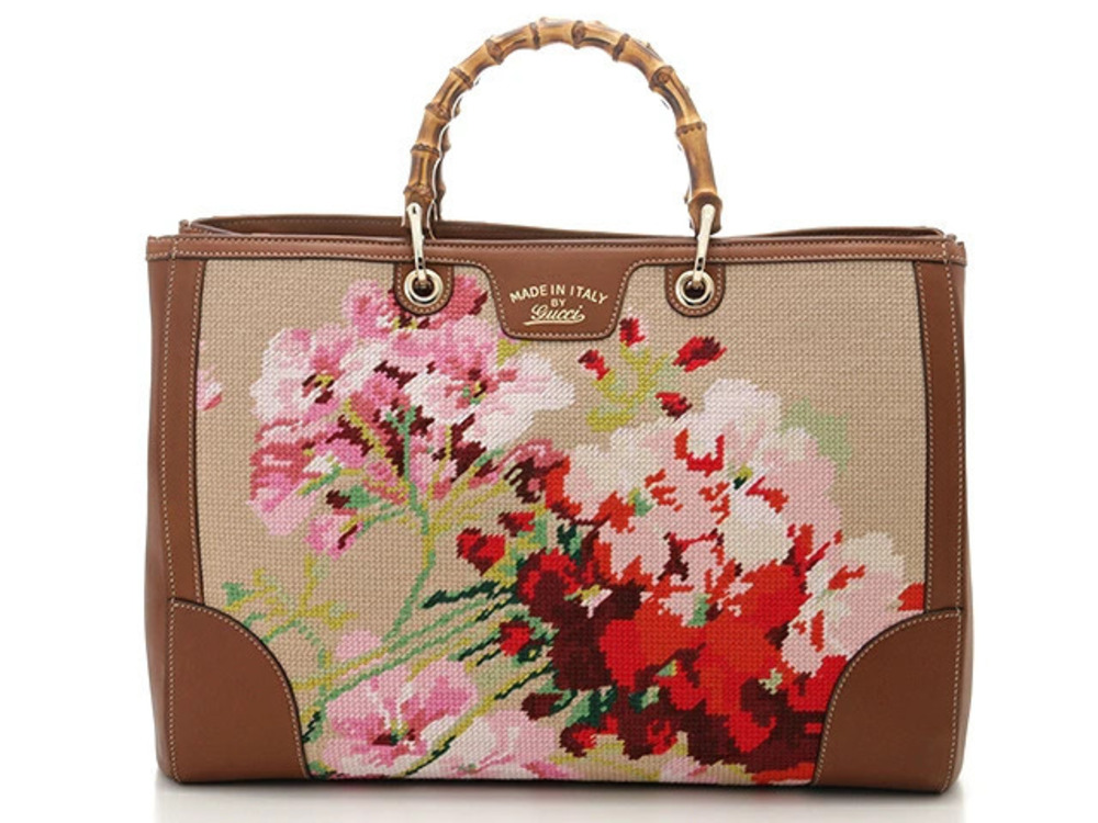 Gucci Tote Bag Bamboo Calfskin Canvas Beige Cream Brown